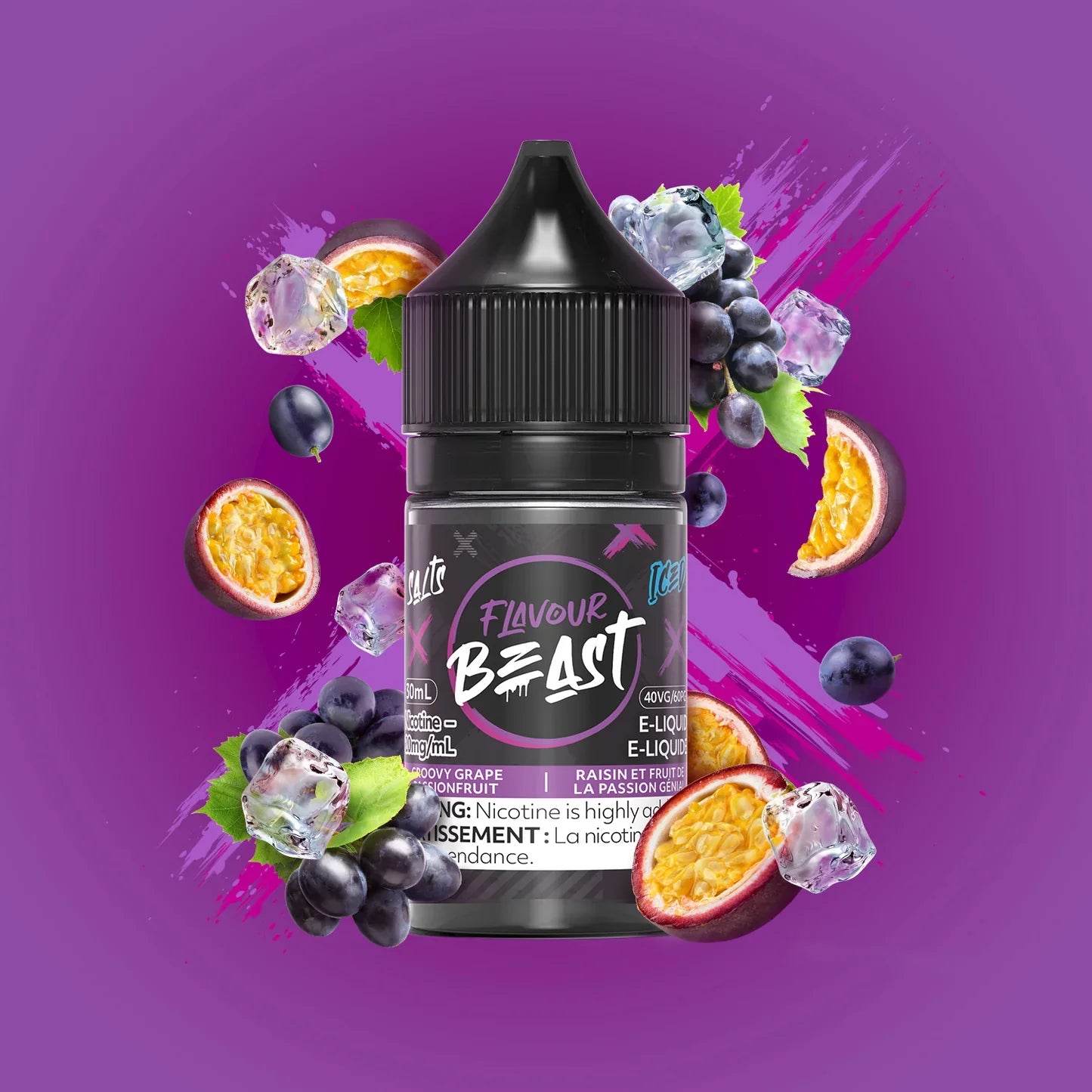 Flavour Beast Groovy Grape Passionfruit Iced e-juice bottle near UBC vape shop display