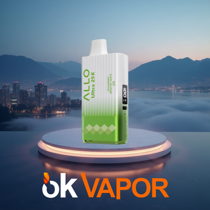 West Vancouver vape blog background with vapor clouds and display stand for ALLO Ultra 25K disposable vape in Kerrisdale
