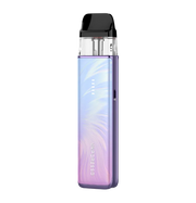 A Vaporesso XROS vape device with a purple and blue iridescent gradient body, a black mouthpiece, and a clear upper chamber, shown on a plain white background.