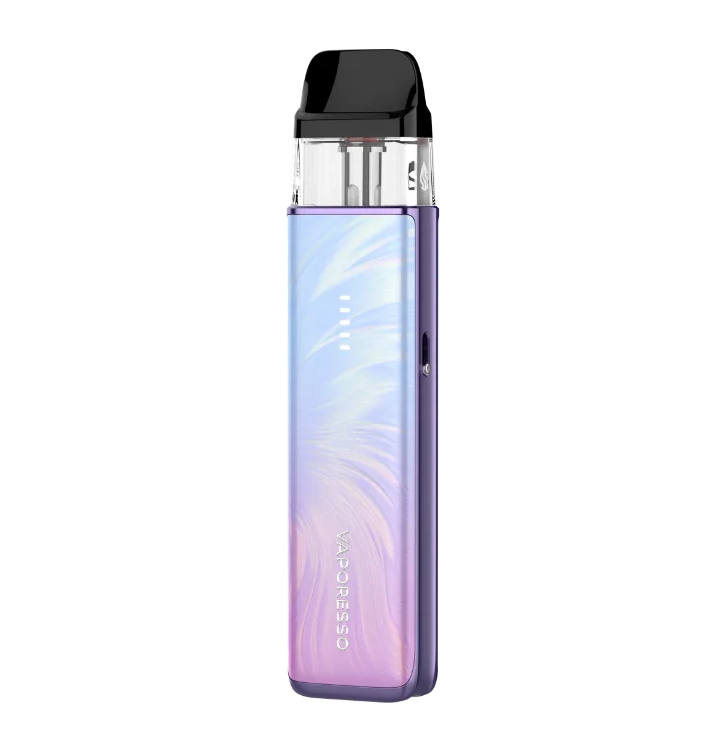A Vaporesso XROS vape device with a purple and blue iridescent gradient body, a black mouthpiece, and a clear upper chamber, shown on a plain white background.