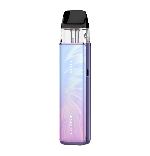 A Vaporesso XROS vape device with a purple and blue iridescent gradient body, a black mouthpiece, and a clear upper chamber, shown on a plain white background.